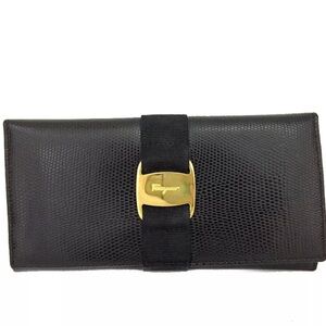 Authentic Salvatore Ferragamo Vara Black Leather Long Bifold Wallet